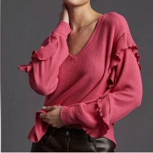 Anthropologie, Pink waffle knit long sleeve from Pilcro, ruffles on sleeves!